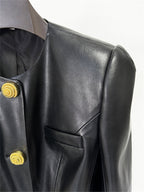 Platlogy Women Round Neck Gold Button Slim Faux Leather Cropped Jacket Elegant Formal Daily Outerwear