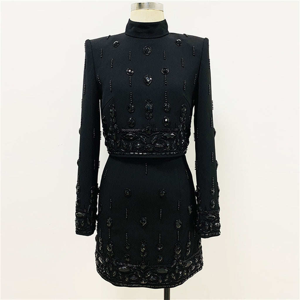 Womens Embellished 2 Piece Blazer Skirt Set High Neck Long Sleeve Formal Party Outfit