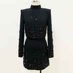 Womens Embellished 2 Piece Blazer Skirt Set High Neck Long Sleeve Formal Party Outfit