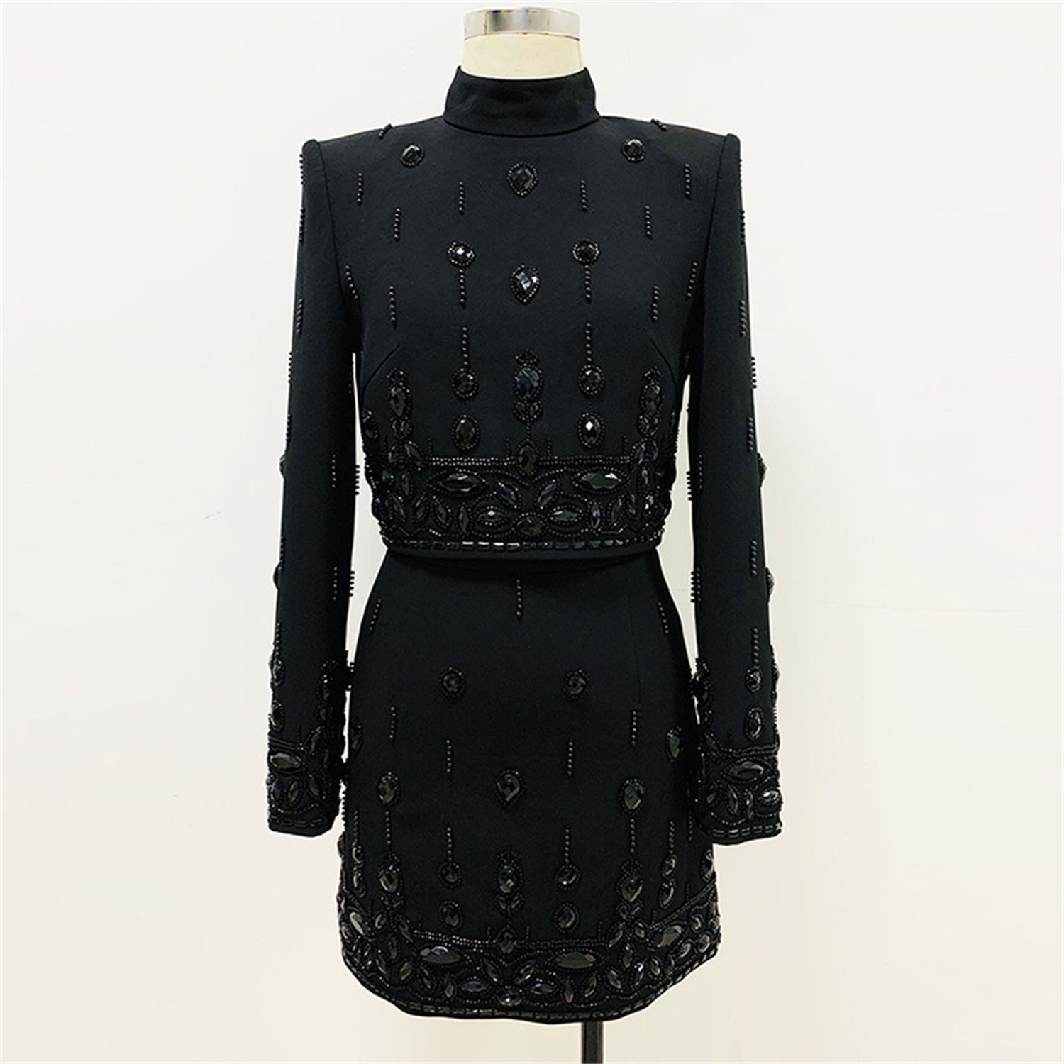 Womens Embellished 2 Piece Blazer Skirt Set High Neck Long Sleeve Formal Party Outfit