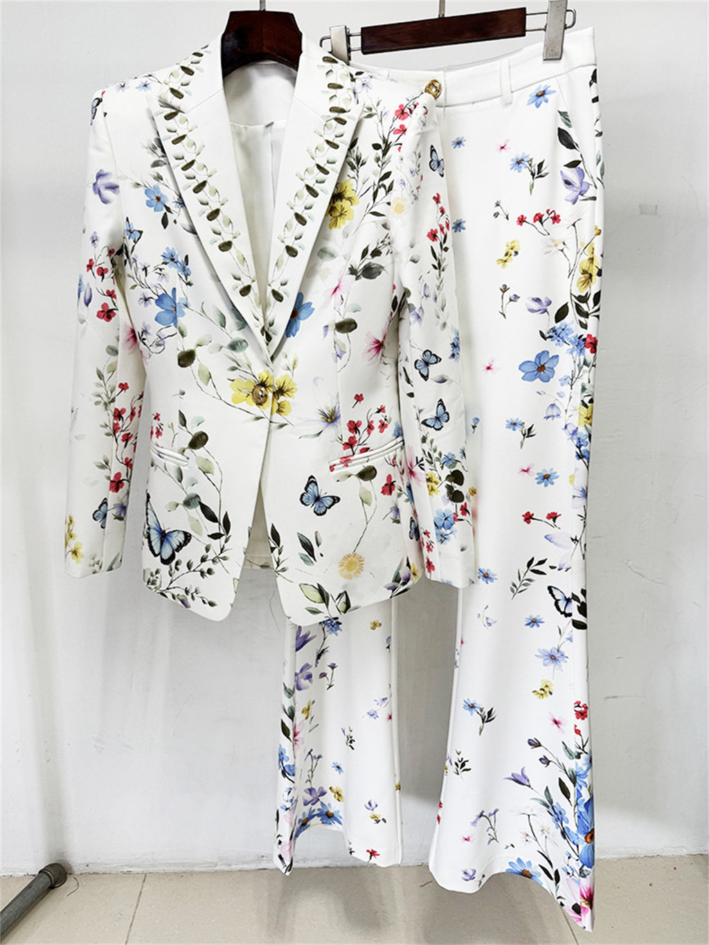 Platlogy Women Floral Butterfly Print Blazer Flared Pants Two Piece Elegant Formal Suit Set