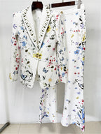 Platlogy Women Floral Butterfly Print Blazer Flared Pants Two Piece Elegant Formal Suit Set