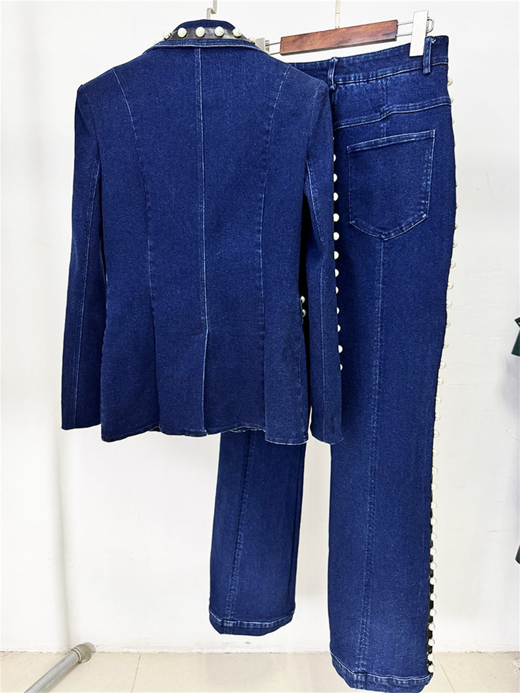 Platlogy Women Pearl Embellished Denim Blazer And Straight Pants Two Piece Suit Formal Casual Matching Outfit