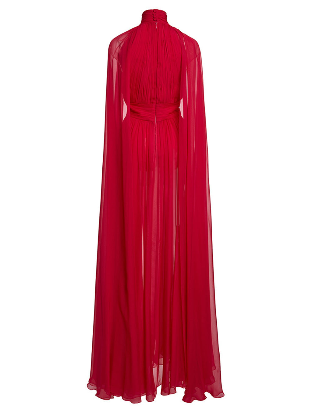 Platlogy Red High Neck Cape Sleeve Chiffon Maxi Evening Dress Elegant Formal Party Gown