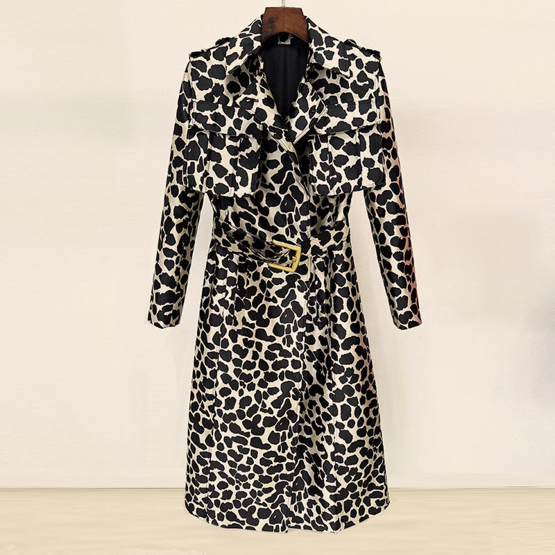 Platlogy Women Leopard Print Long Trench Coat Double Breasted Belted Outerwear For Street Casual Daily Occasions 10102