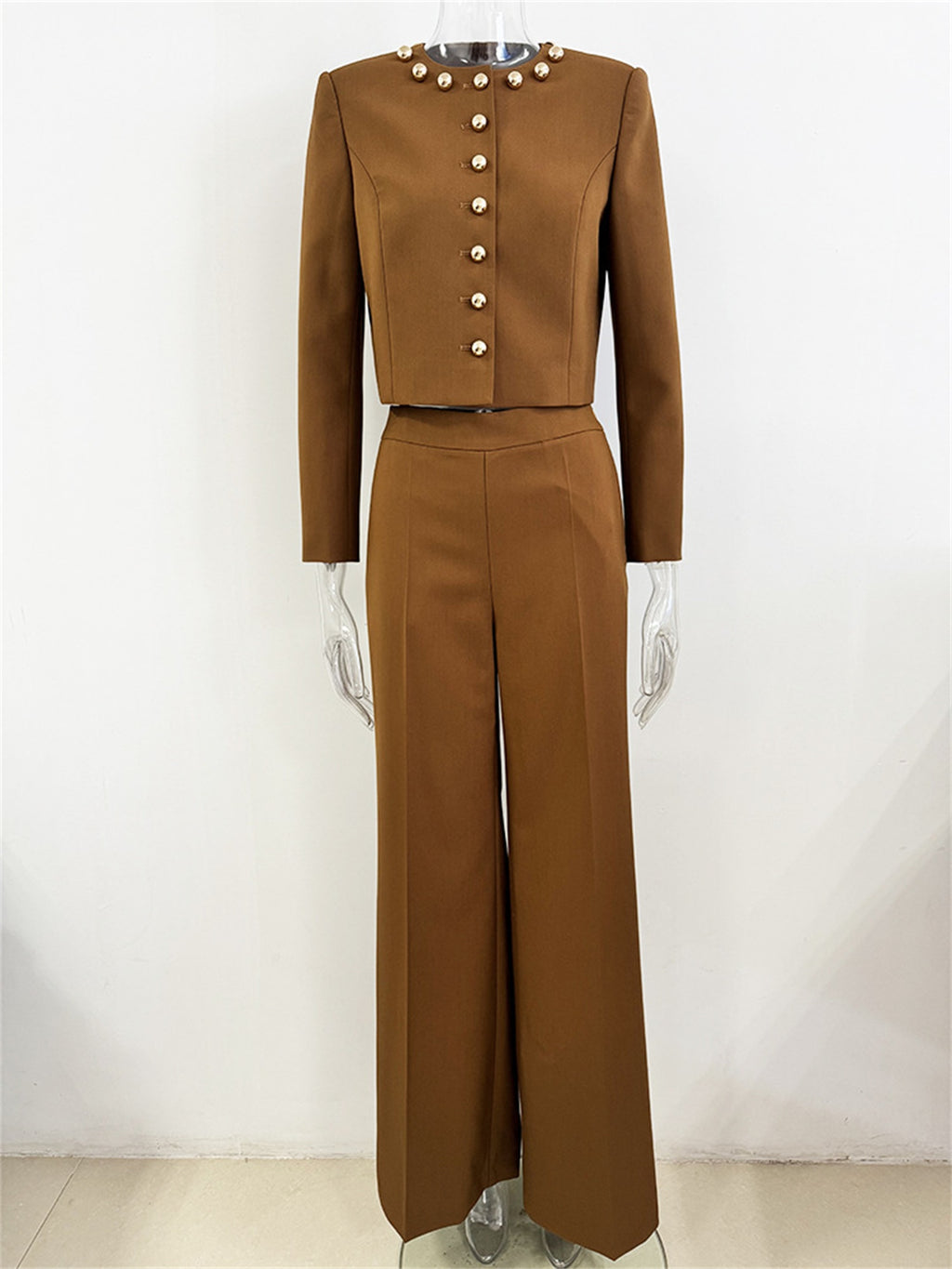 Platlogy Elegant Round Neck Gold Button Cropped Blazer Wide Leg Pant Two Piece Formal Women Suit For Work Daily Occasions