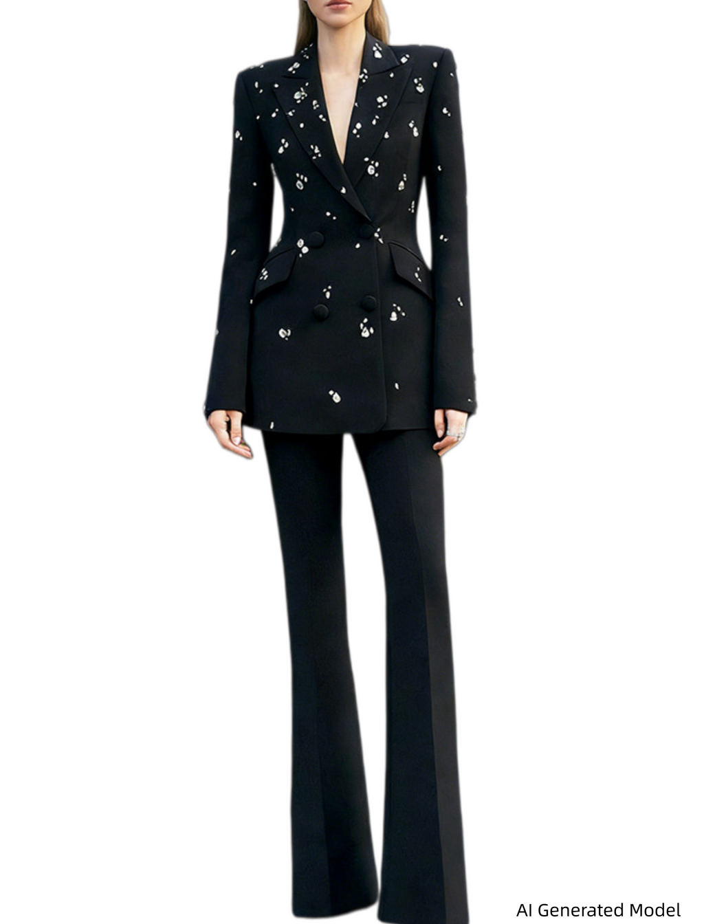 Platlogy Women Elegant Rhinestone Embellished Blazer and Flared Pants Formal Two Piece Suit
