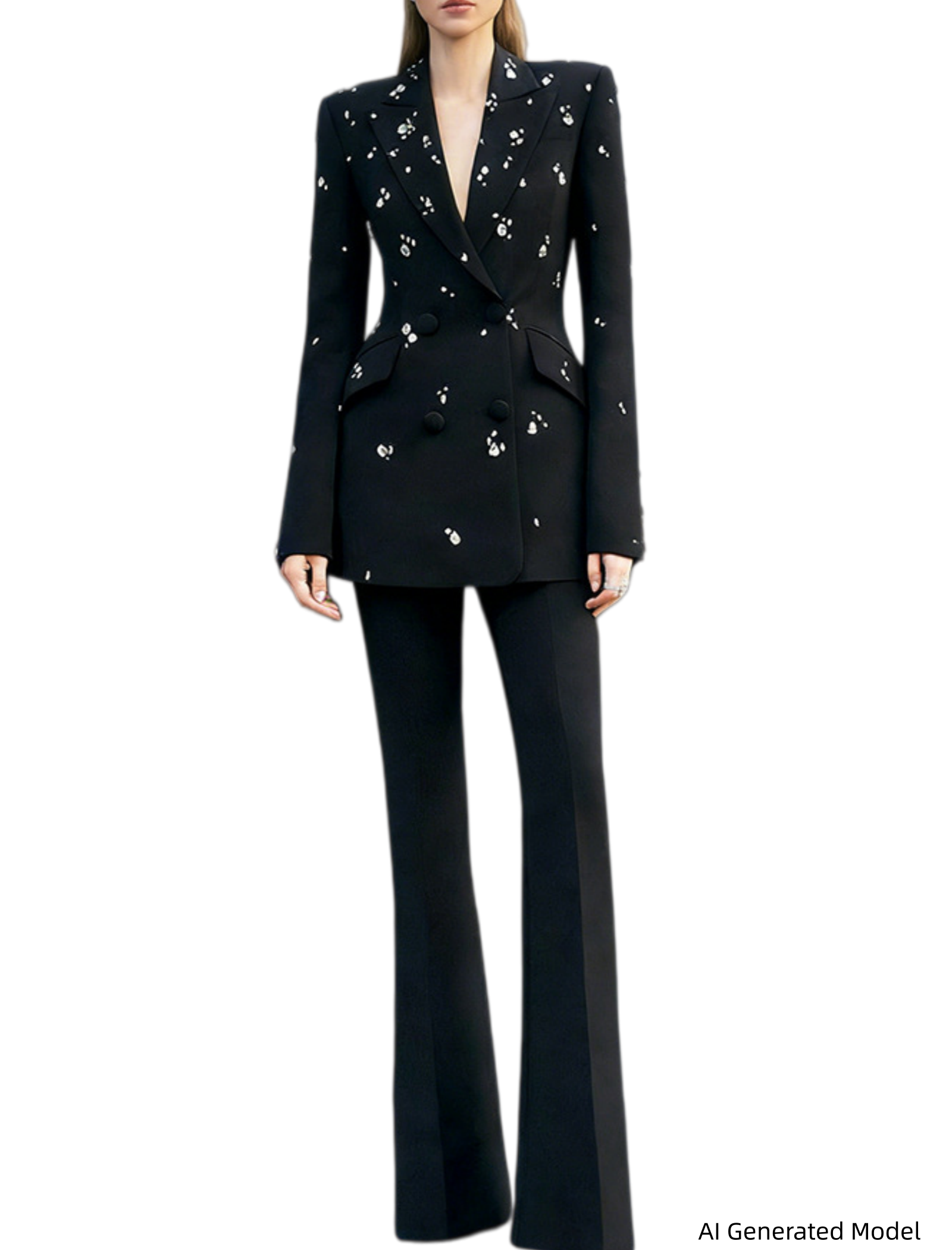 Platlogy Women Elegant Rhinestone Embellished Blazer and Flared Pants Formal Two Piece Suit