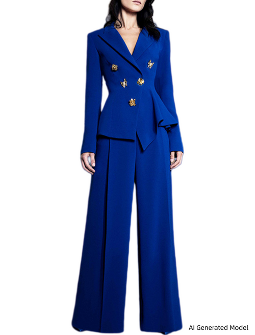 Platlogy Bright Blue Butterfly Button Blazer Wide Leg Pants Two Piece Business Suit Set For Women