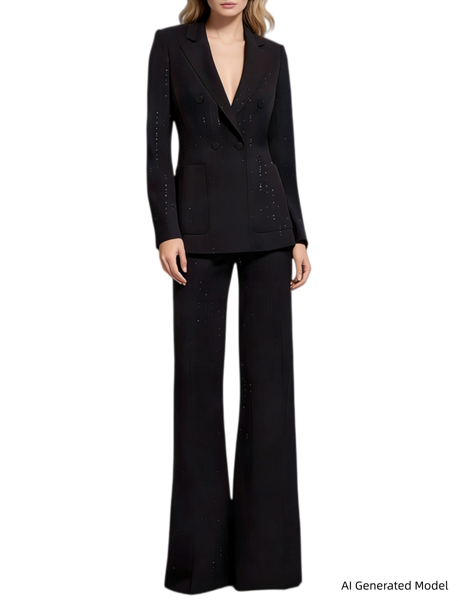 Platlogy Sparkly Striped Double Breasted Blazer and Flared Pants Two Piece Formal Suit Set for Women Elegant Business Party Outfit