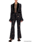 Platlogy Black Golden Star Embroidery Feather Cuff Blazer Flared Pants Two Piece Formal Suit For Women Luxury Evening Party Matching Outfit