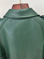 Platlogy Emerald Green Double Breasted Belted Long Leather Trench Coat For Women Elegant Fall Winter Outerwear