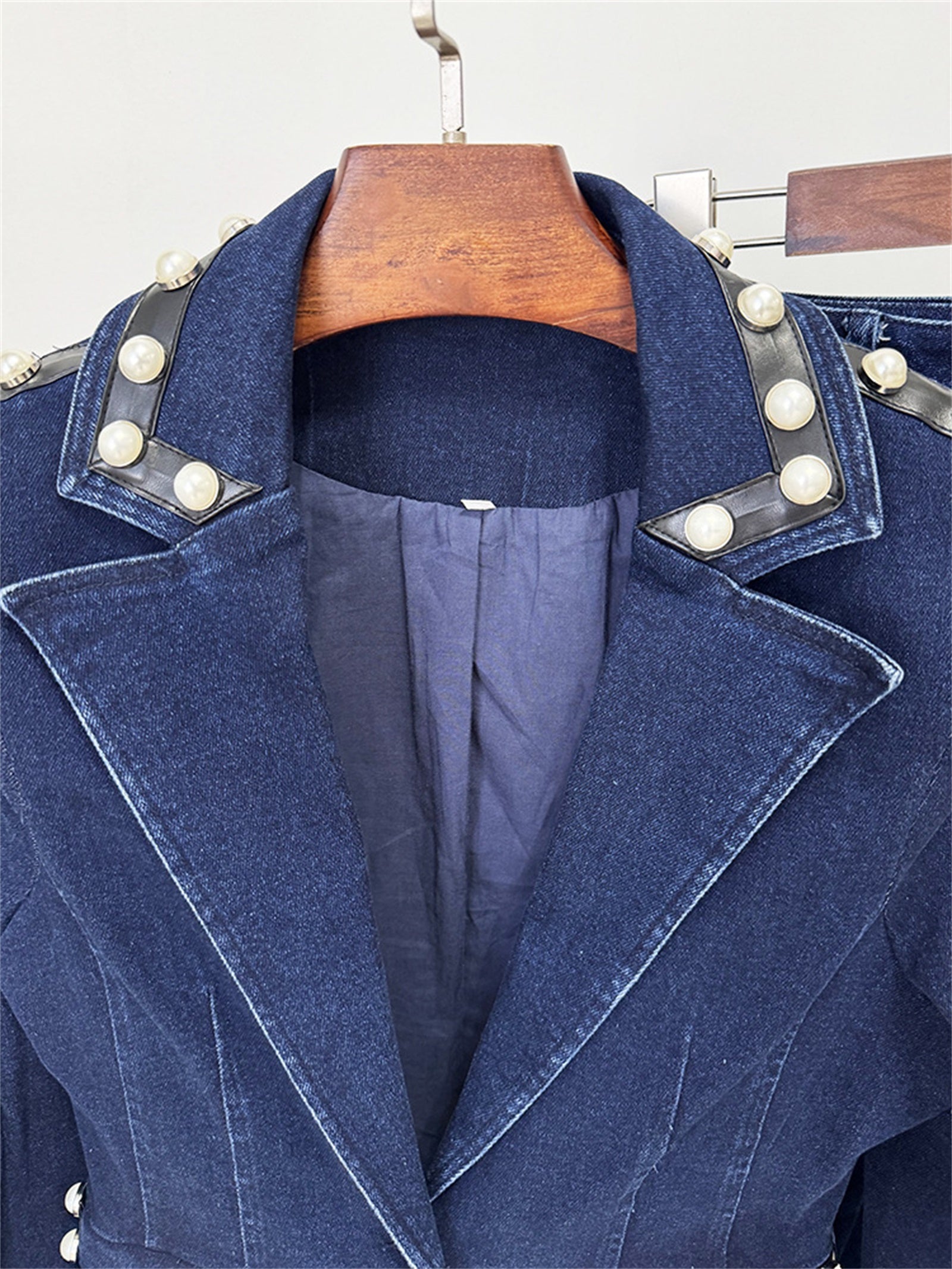 Platlogy Women Pearl Embellished Denim Blazer And Straight Pants Two Piece Suit Formal Casual Matching Outfit