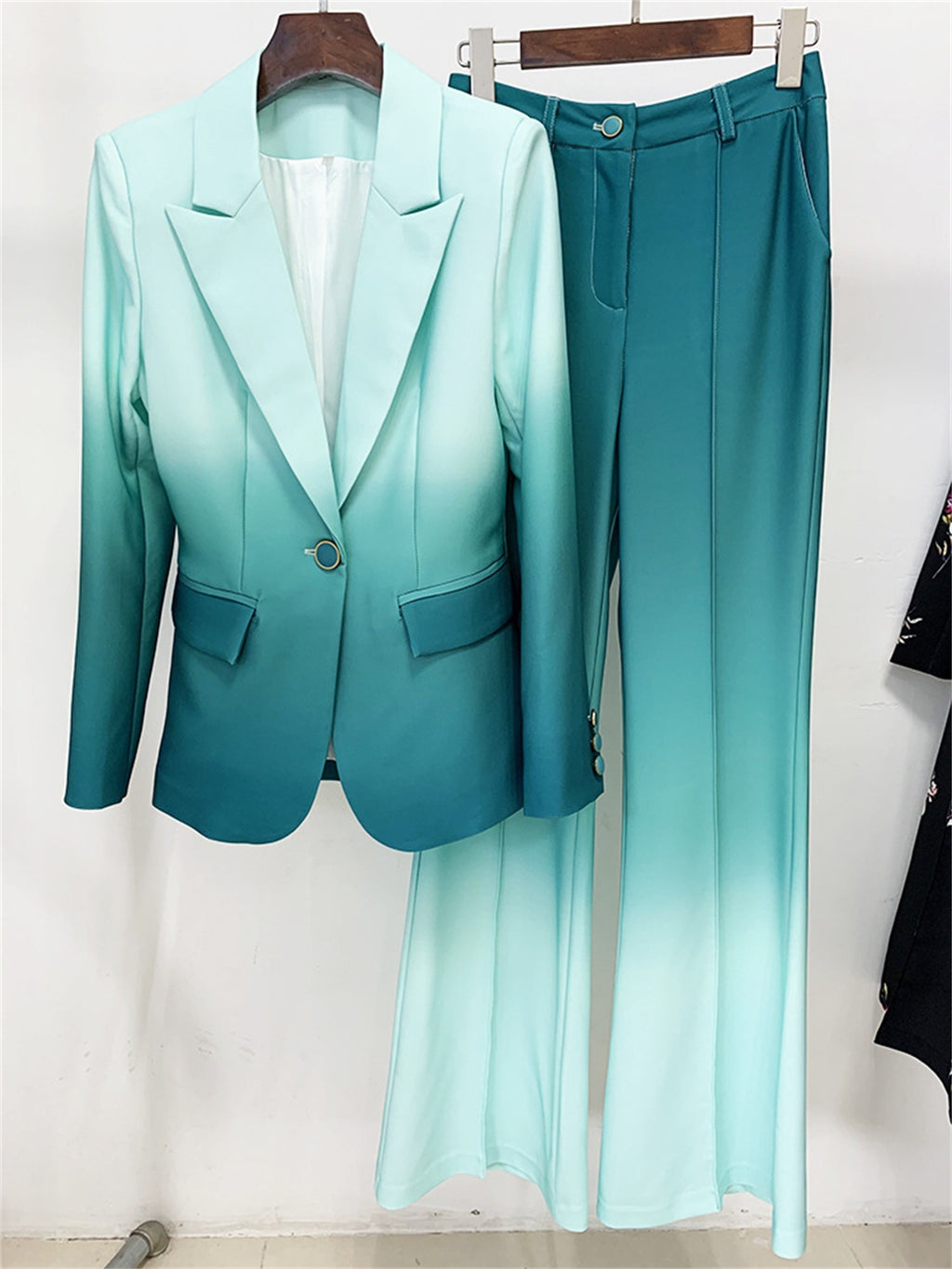 Platlogy Gradient Mint Green Two Piece Blazer And Flared Pants Formal Women Suit Set