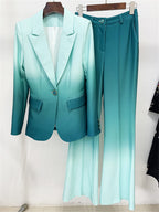 Platlogy Gradient Mint Green Two Piece Blazer And Flared Pants Formal Women Suit Set