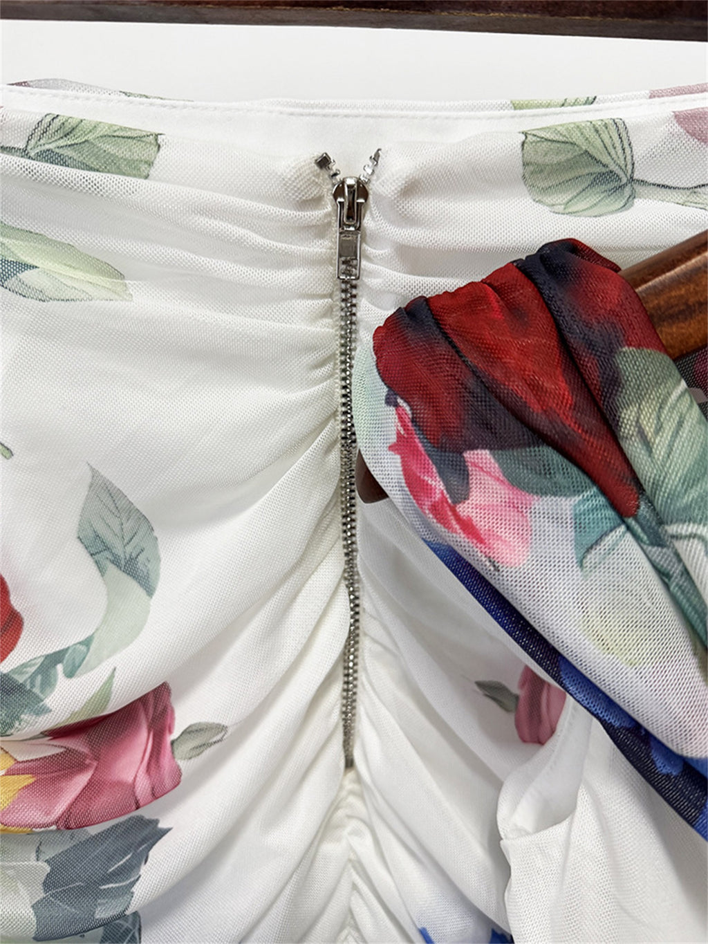 Platlogy Floral Print Draped Neck Mesh Two Piece Crop Top Ruched  Skirt Set