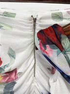 Platlogy Floral Print Draped Neck Mesh Two Piece Crop Top Ruched  Skirt Set