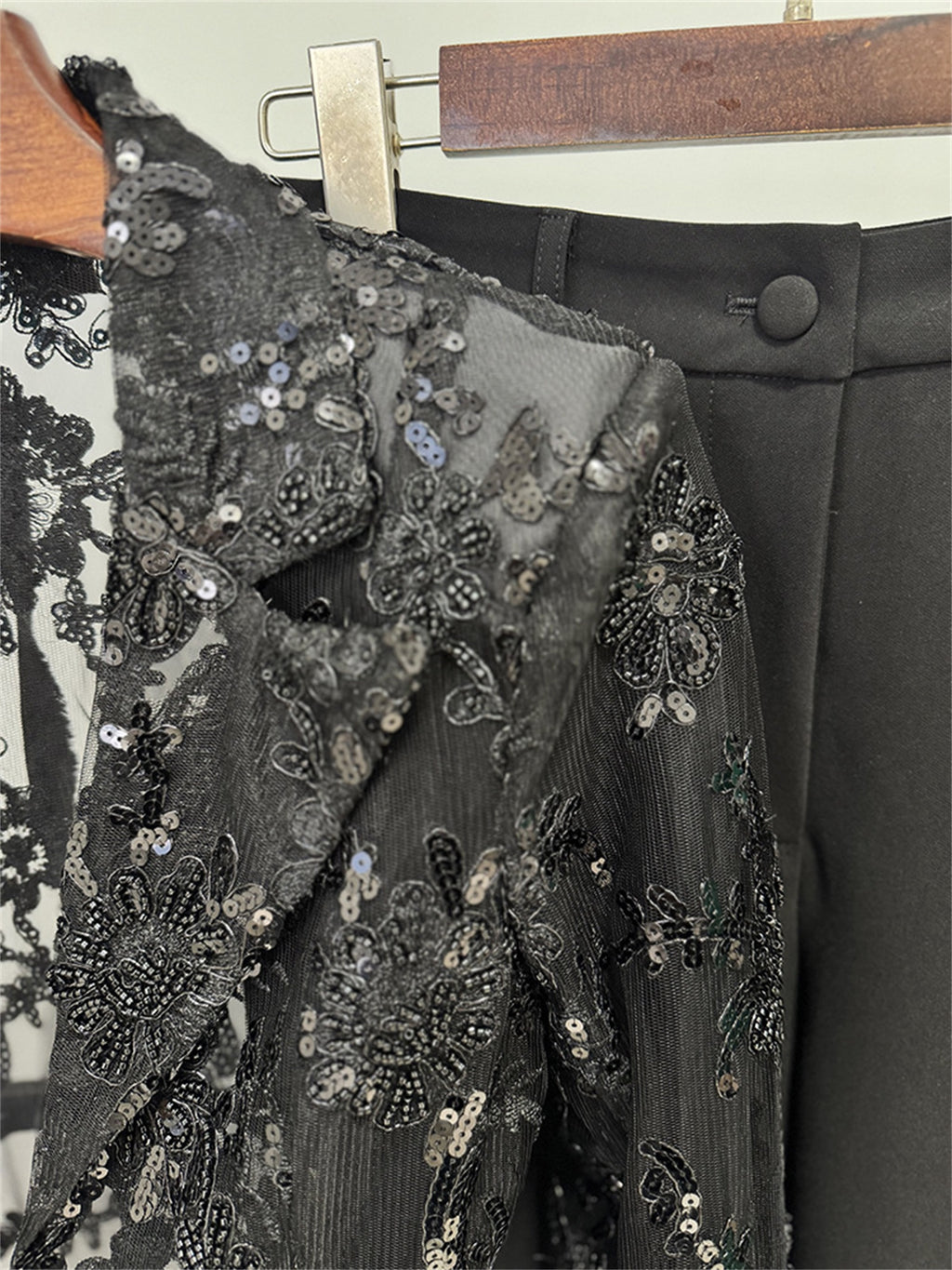 Platlogy Black Sequin Lace Blazer Straight Trouser 2 Piece Set Elegant Formal Women Pant Suit for Evening Party Business Occasions