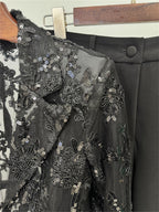 Platlogy Black Sequin Lace Blazer Straight Trouser 2 Piece Set Elegant Formal Women Pant Suit for Evening Party Business Occasions