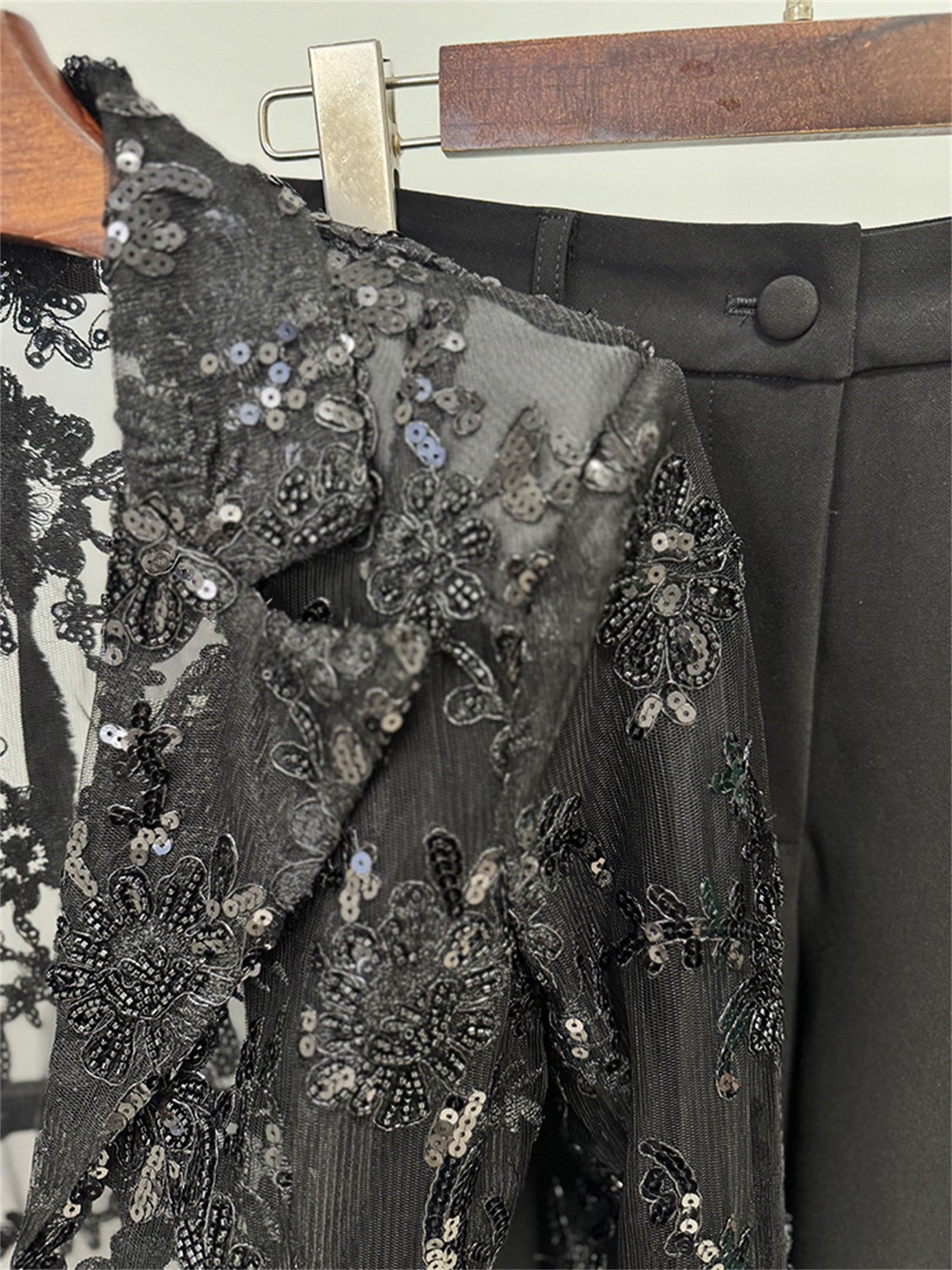 Platlogy Black Sequin Lace Blazer Straight Trouser 2 Piece Set Elegant Formal Women Pant Suit for Evening Party Business Occasions