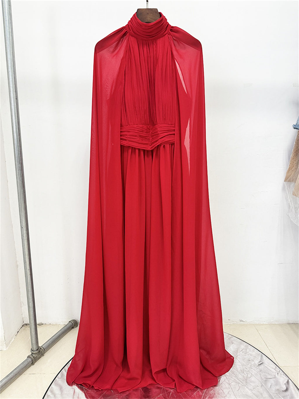 Platlogy Red High Neck Cape Sleeve Chiffon Maxi Evening Dress Elegant Formal Party Gown
