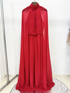 Platlogy Red High Neck Cape Sleeve Chiffon Maxi Evening Dress Elegant Formal Party Gown