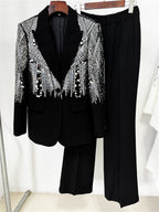 Sparkly Beaded Tuxedo Blazer Straight Leg Pants Suit For Party