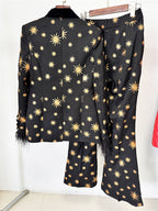 Platlogy Black Golden Star Embroidery Feather Cuff Blazer Flared Pants Two Piece Formal Suit For Women Luxury Evening Party Matching Outfit