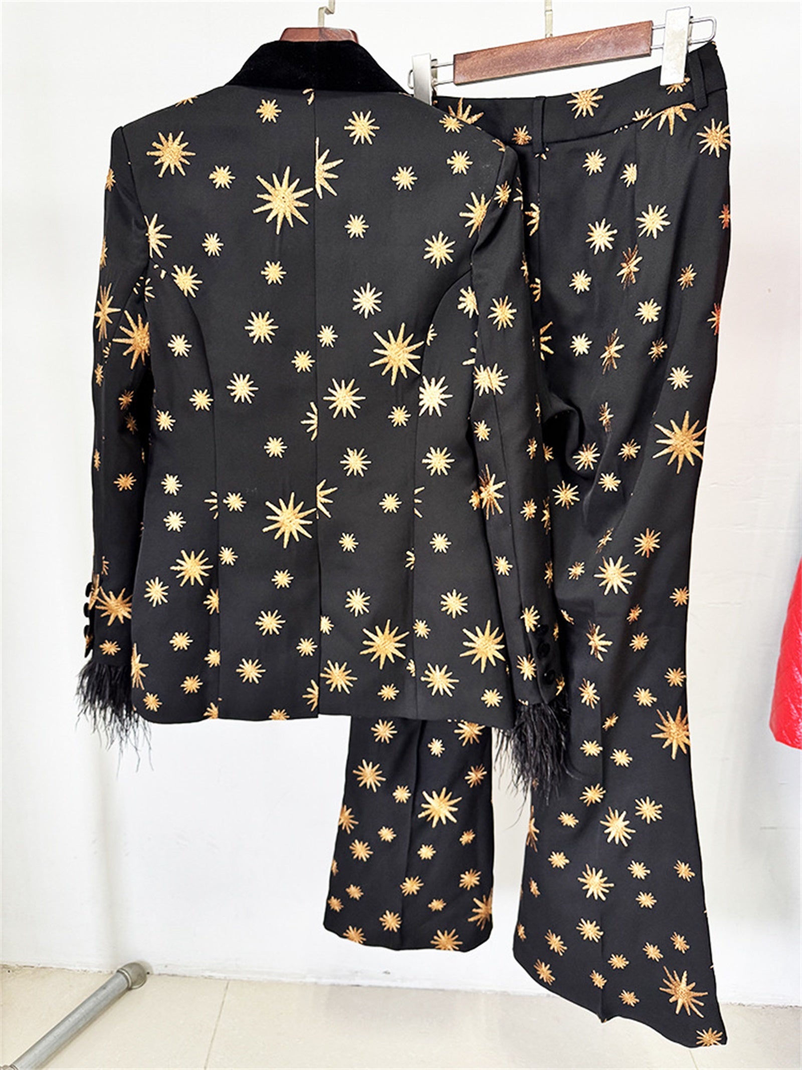 Platlogy Black Golden Star Embroidery Feather Cuff Blazer Flared Pants Two Piece Formal Suit For Women Luxury Evening Party Matching Outfit
