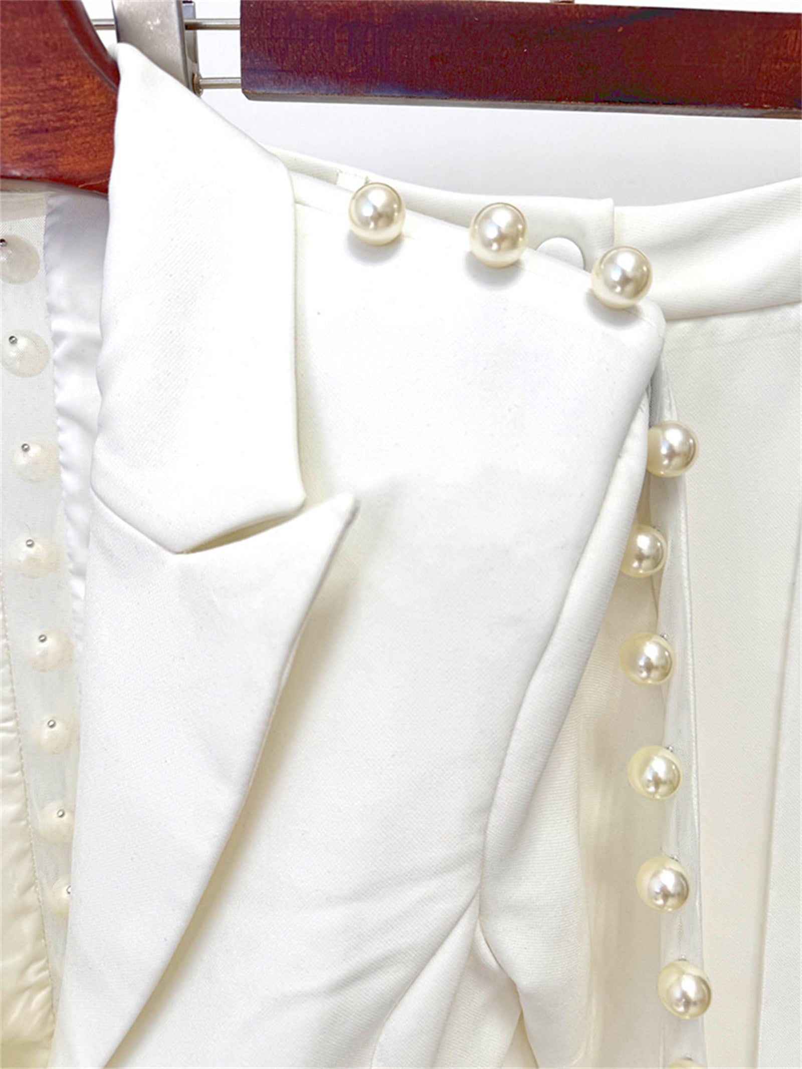 Platlogy White Pearl Decorated Blazer Pants Set Elegant Formal Women Two Piece Suit For Work Party Events