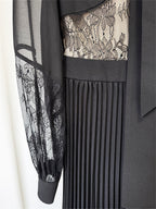 Platlogy Black Lace Patchwork Maxi Dress Bow Collar Long Sleeve Pleated Formal Evening Party Long Dresses