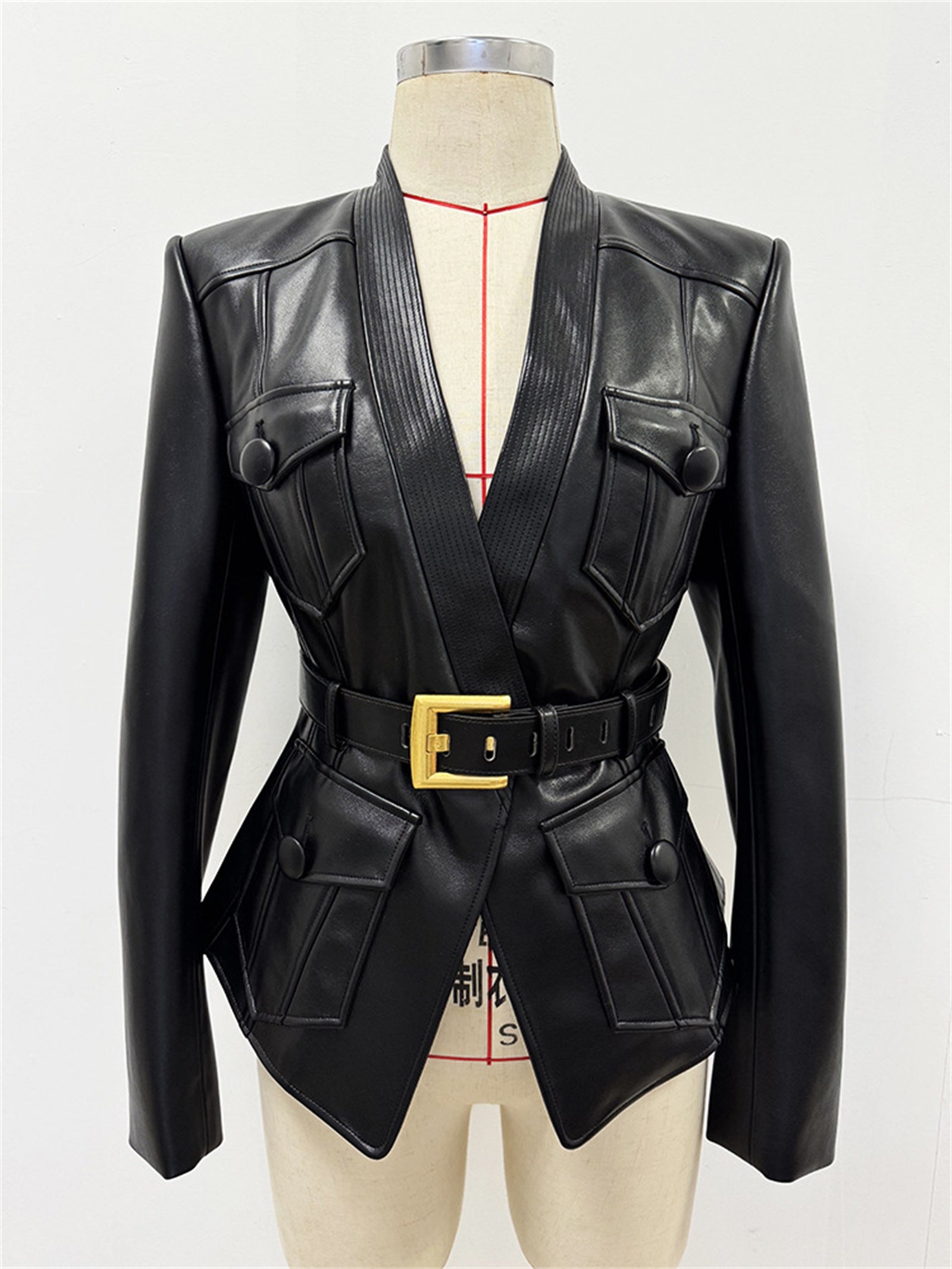 Platlogy Women Slim Fit Belted Leather Blazer Jacket Elegant V Neck Pocket Design Moto Coat for Daily Office Wear