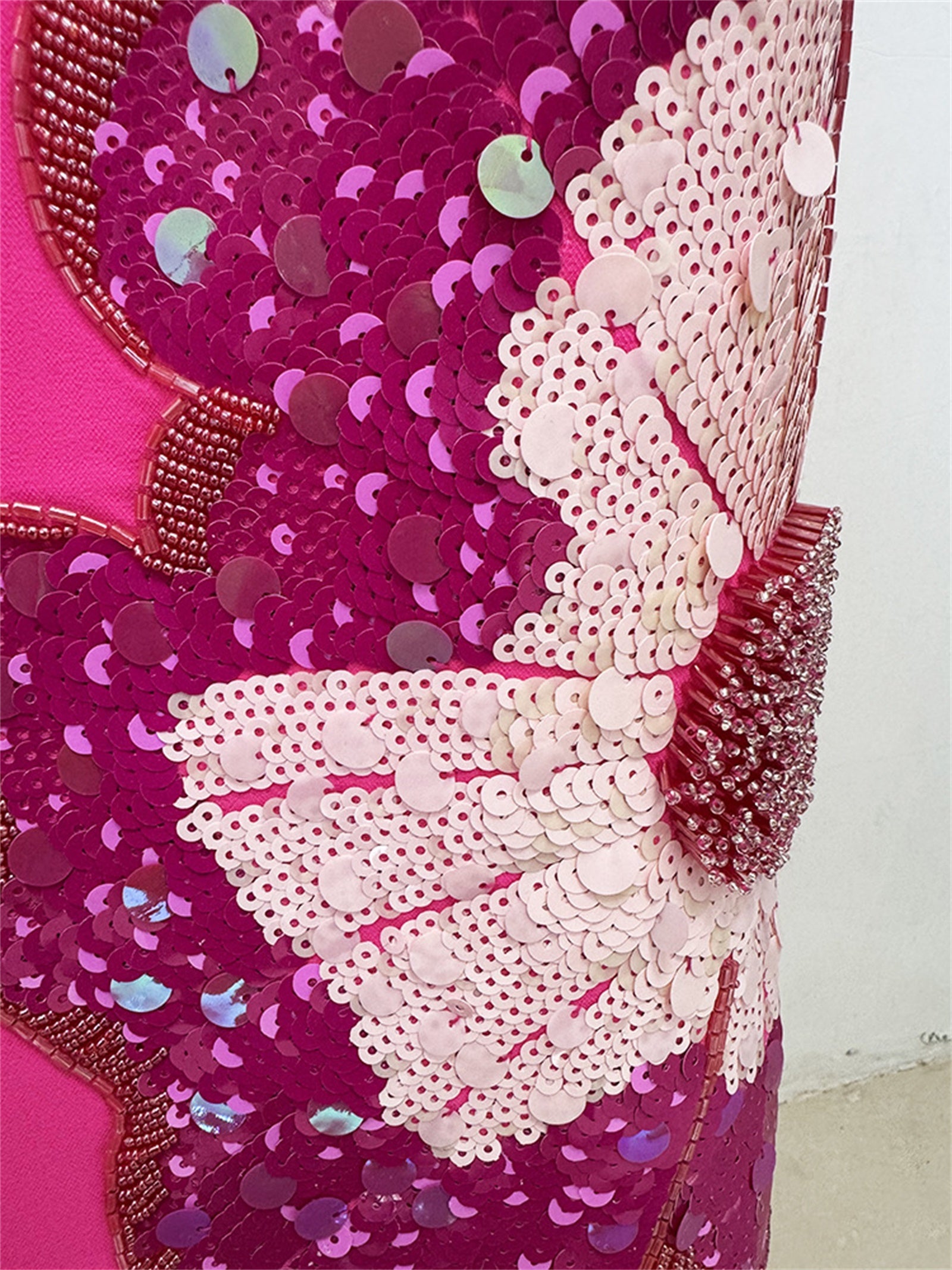 Platlogy Fuchsia Puff Sleeve Midi Dress Hand Beaded Floral Bodycon Formal Party Dress For Women