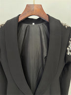 Platlogy Luxury Rhinestone Embellished Lapel Long Sleeve Maxi Dress Elegant Black Formal Evening Bodycon Dress
