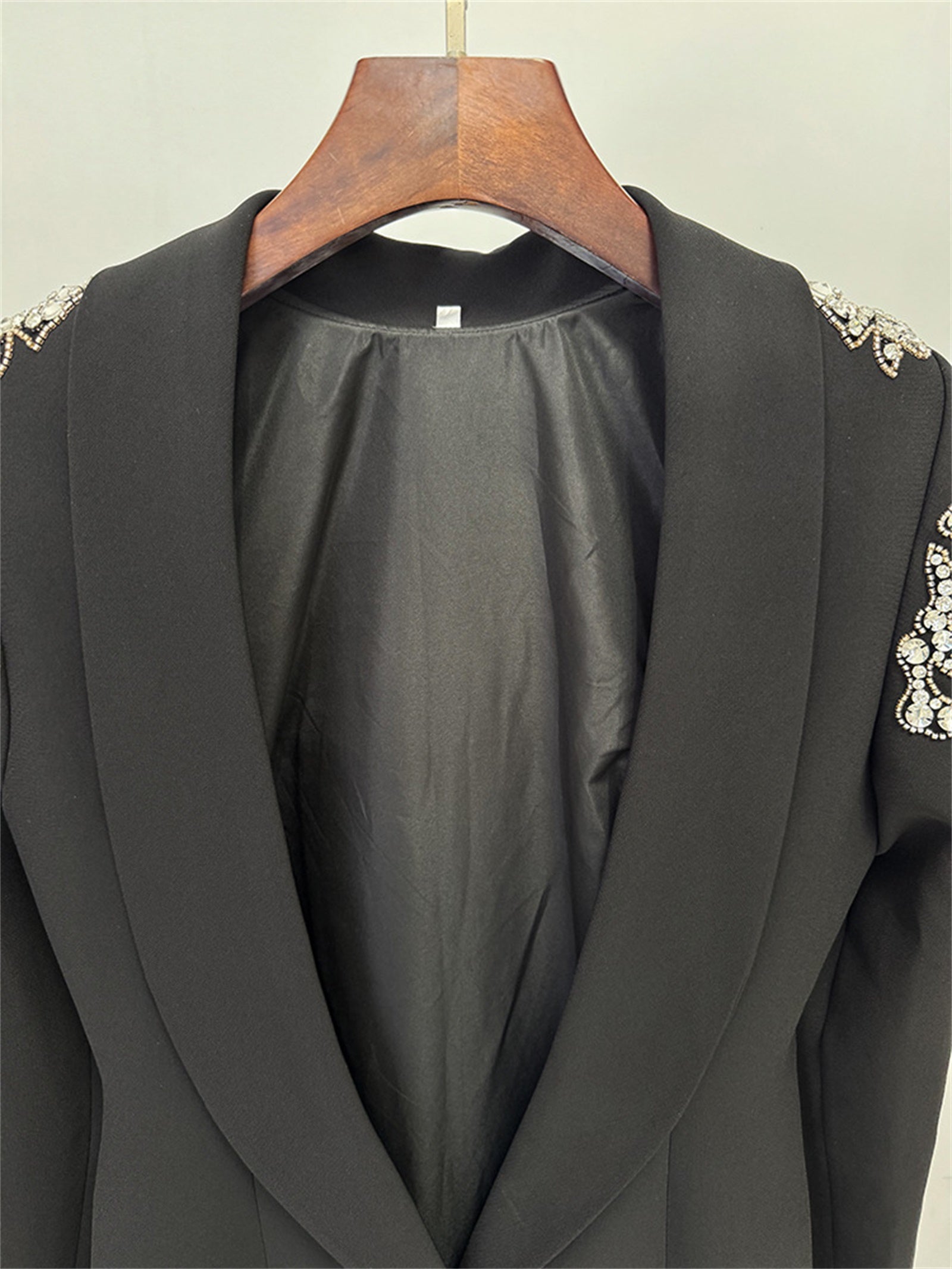 Platlogy Luxury Rhinestone Embellished Lapel Long Sleeve Maxi Dress Elegant Black Formal Evening Bodycon Dress