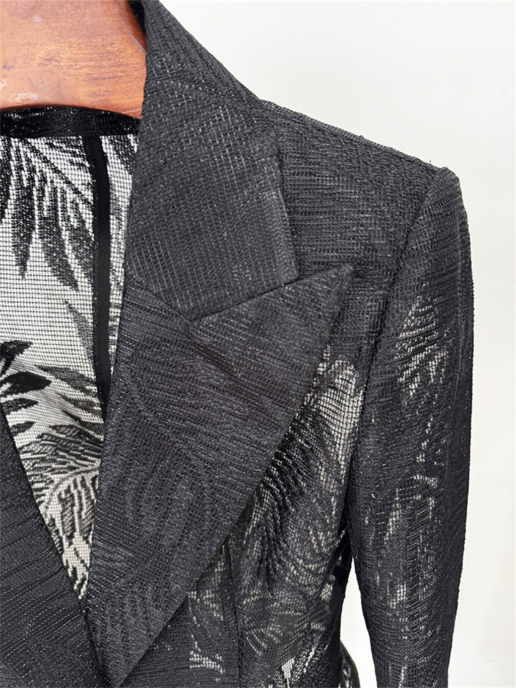 Platlogy Women Slim Fit Sheer Lace Blazer Single Button Padded Shoulder Formal Office Jacket