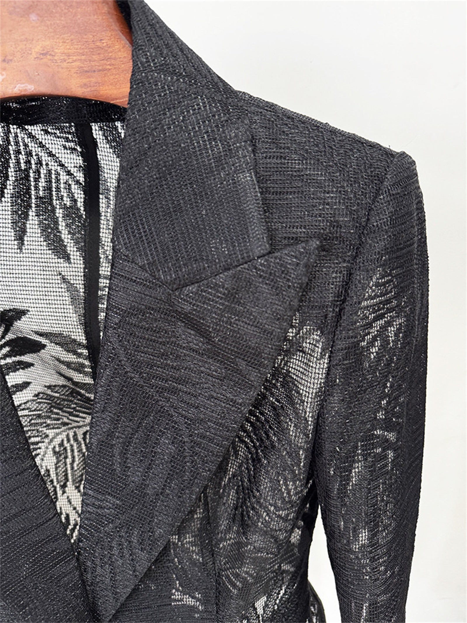 Platlogy Women Slim Fit Sheer Lace Blazer Single Button Padded Shoulder Formal Office Jacket