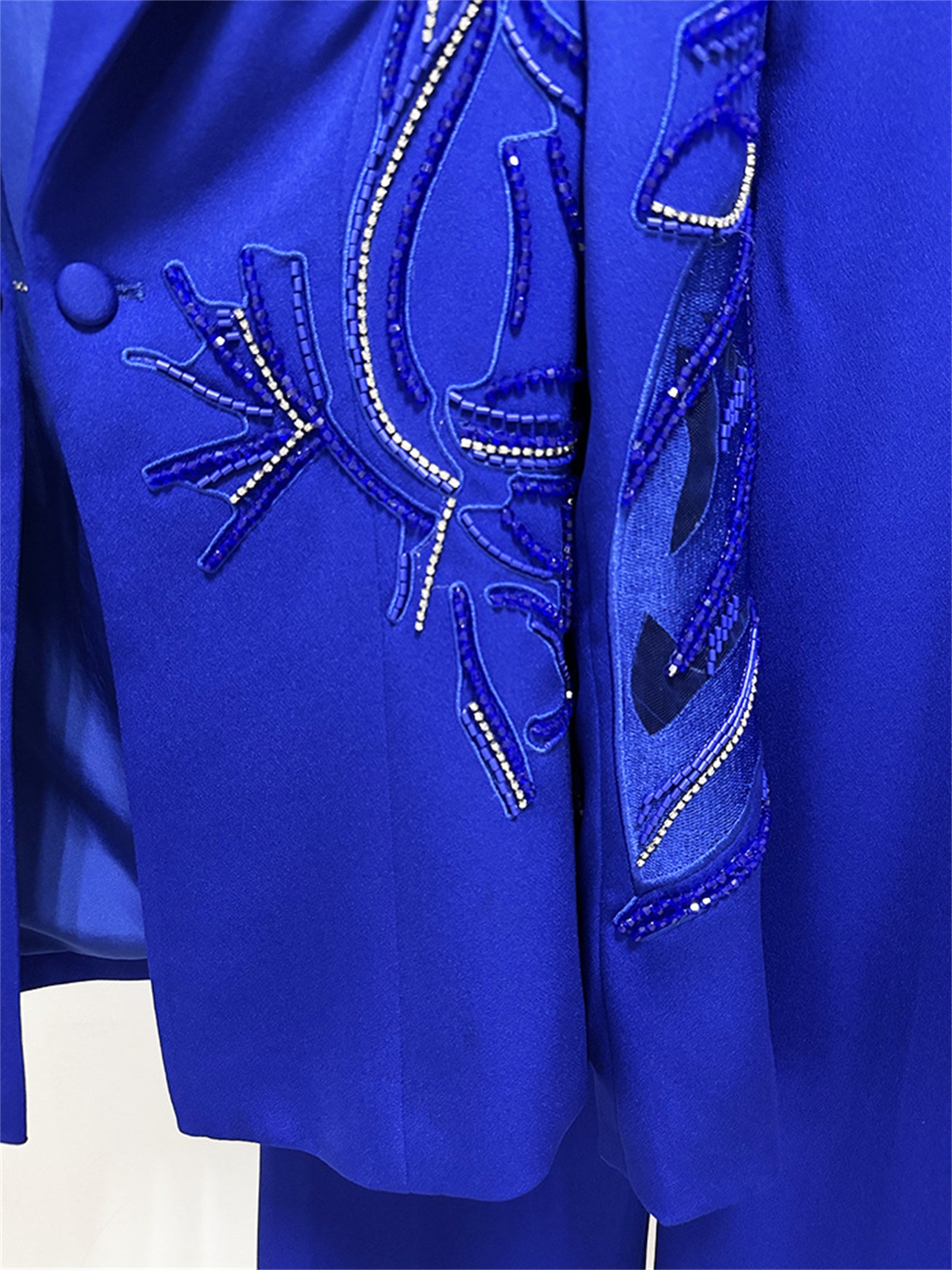 Platlogy Royal Blue Hand Beaded Blazer Wide Leg Pants Two Piece Formal Suit For Women Elegant Business Party Matching Outfit