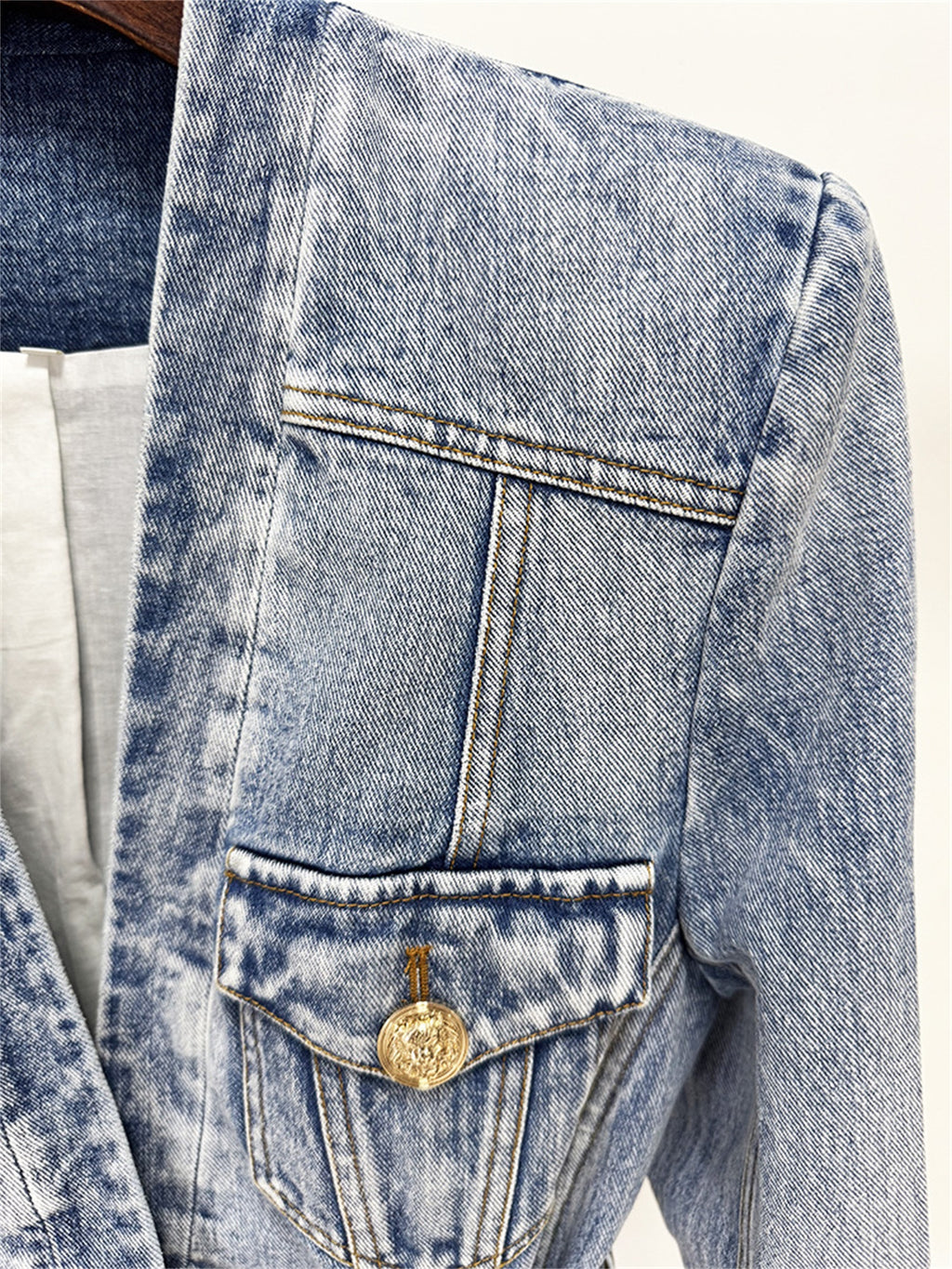 Platlogy V Neck Belted Waist Denim Blazer Women Long Sleeve Pockets Casual Chic Slim Fit Denim Jacket