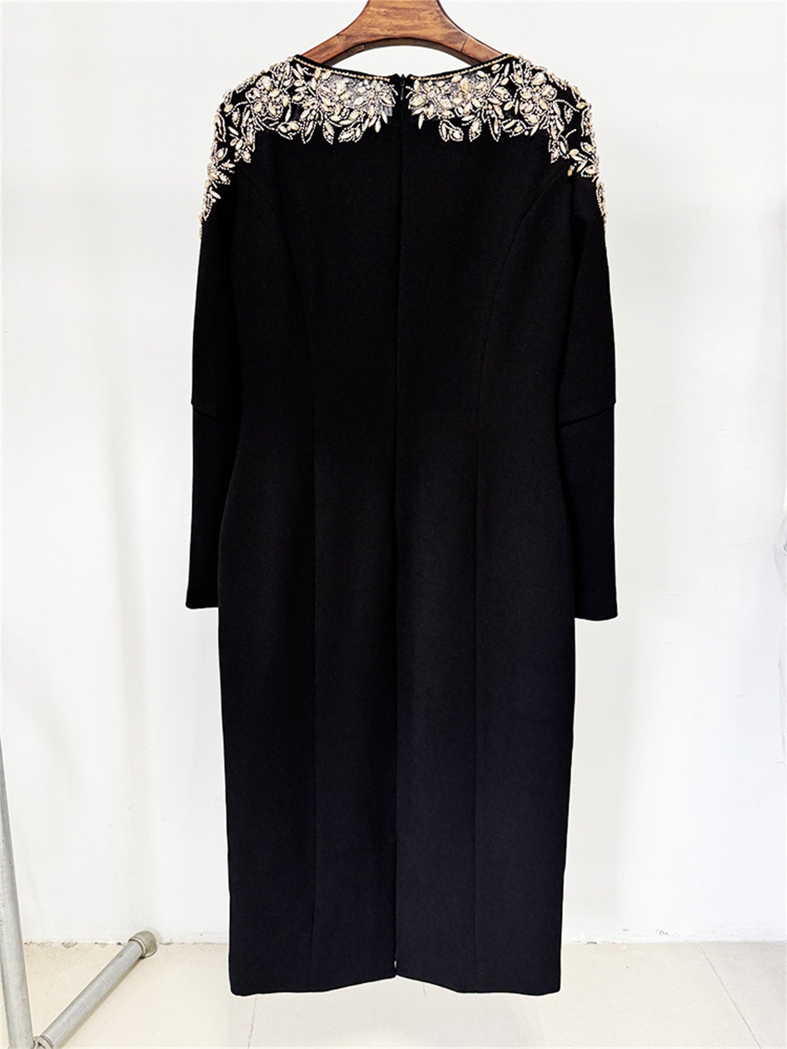 Platlogy Luxury Red Long Sleeve Midi Evening Dress Rhinestone Embellished Formal Party Wedding Guest Dress