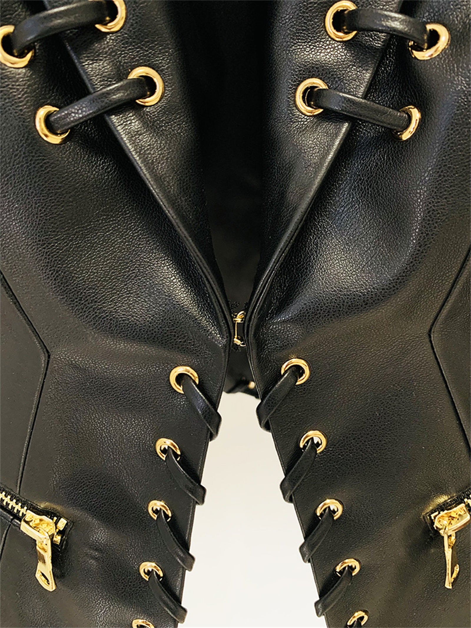 Platlogy Black Lace Up Detailed Fitted Leather Blazer Women Cropped Long Sleeve Formal Party Leather Jacket