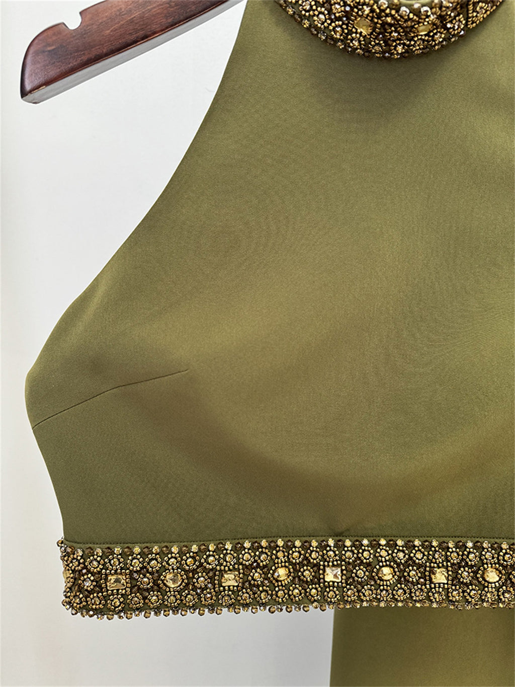 Platlogy Olive Green Handmade Beaded Halter Crop Top Split Long Skirt Two Piece Formal Party Set