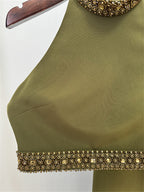 Platlogy Olive Green Handmade Beaded Halter Crop Top Split Long Skirt Two Piece Formal Party Set
