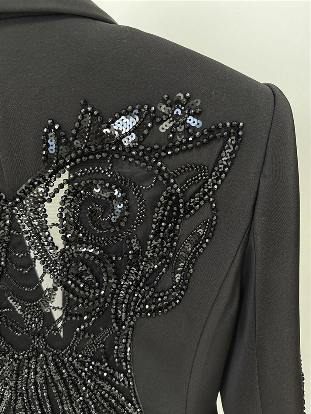 Platlogy Elegant Rhinestone Cutout Back Blazer Sheer Mesh Wide Leg Pants Formal Two Piece Women Suit
