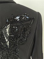 Platlogy Elegant Rhinestone Cutout Back Blazer Sheer Mesh Wide Leg Pants Formal Two Piece Women Suit