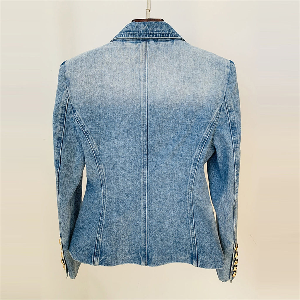 Platlogy Vintage Washed Denim Blazer Women Double Breasted Gold Button Slim Fit Lapel Jean Jacket Casual Business Outerwear