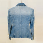 Platlogy Vintage Washed Denim Blazer Women Double Breasted Gold Button Slim Fit Lapel Jean Jacket Casual Business Outerwear