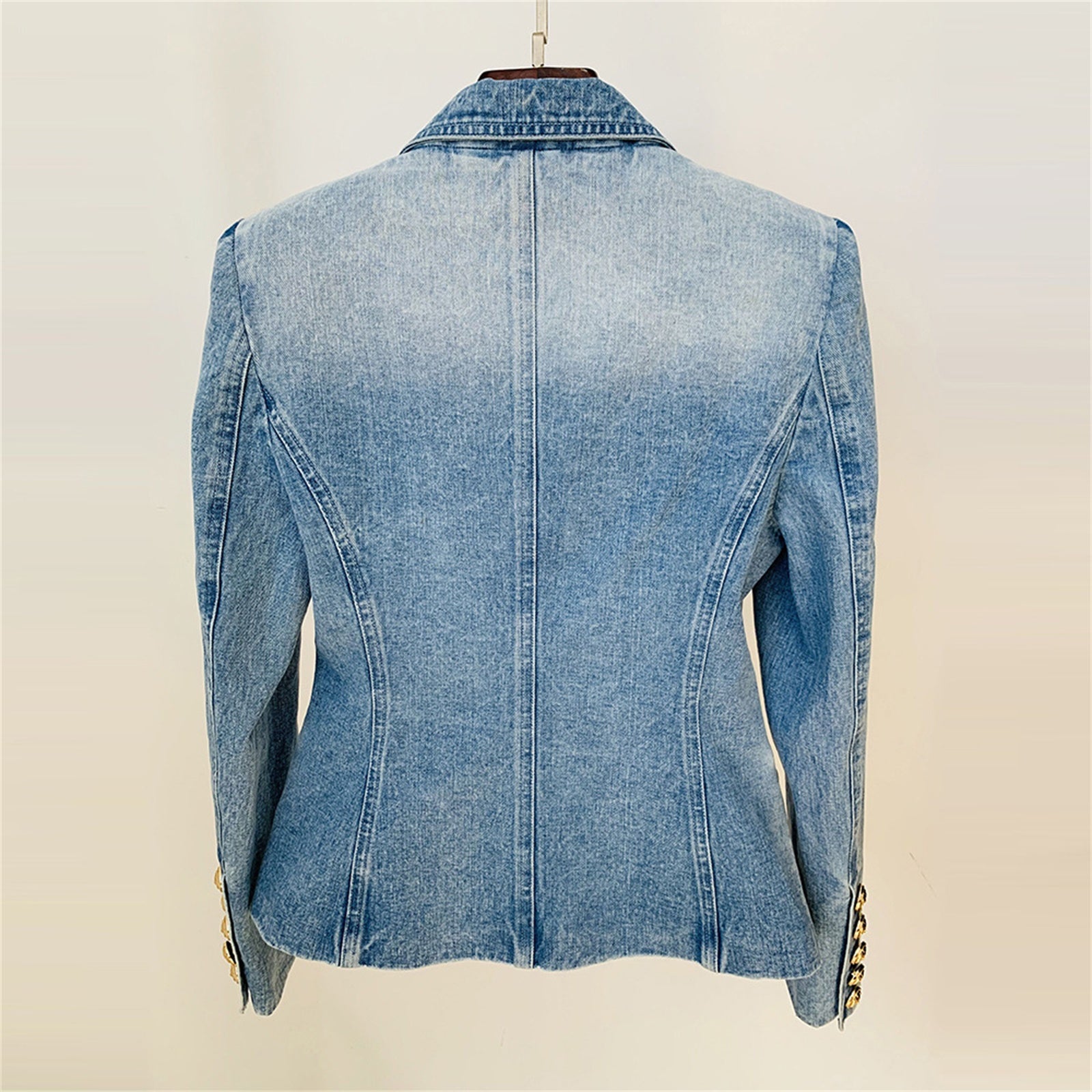Platlogy Vintage Washed Denim Blazer Women Double Breasted Gold Button Slim Fit Lapel Jean Jacket Casual Business Outerwear