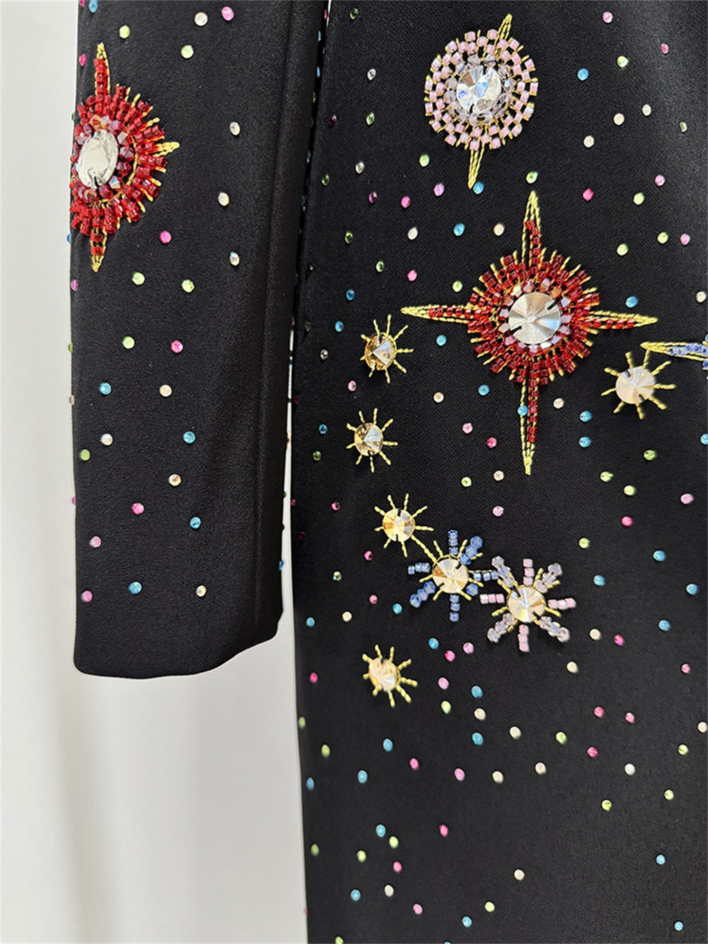 Platlogy Black Stand Collar Long Sleeve Mini Dress Heavy Star Rhinestone Embellished Elegant Party Cocktail Dress