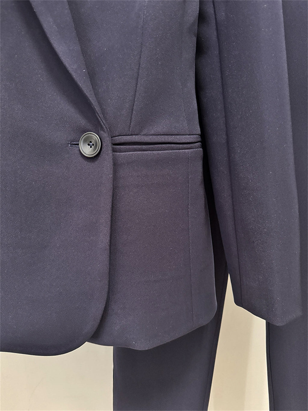 Platlogy Women Navy Ruffled Mesh Patchwork Blazer Pants Set Elegant Formal 2 Piece Suit for Work Party